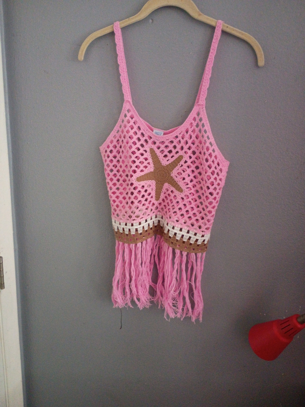 Sunny Girl Pink Crochet Fringe One-Piece with Tan Starfish